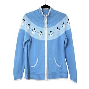 Vintage Quacker Factory Snowman Lamsbwool Blue Full Zip Sweater S Christmas